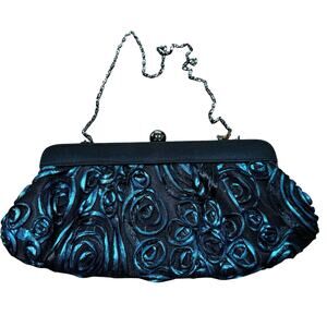 Vintage Jessica McClintock evening bag dressy purse black & unique blue ribbon
